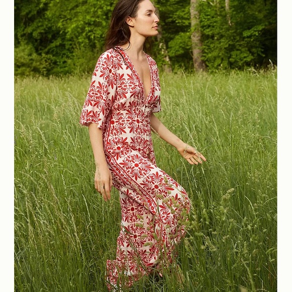 FARM Rio Pants - Farm Rio Carmina Button-Front Jumpsuit Linen Medium Anthropologie Wide Leg